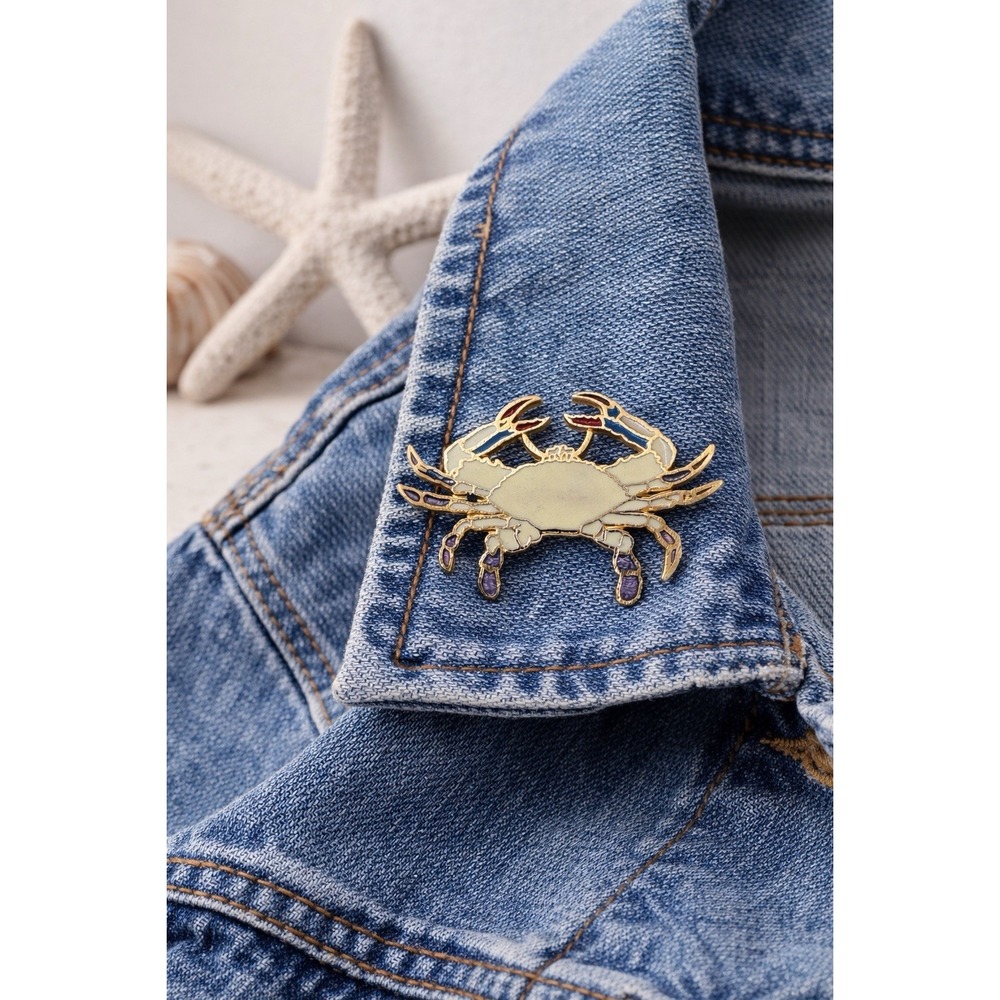 Vintage Crab‎ Brooch Pin Gold Tone Enamel Coastal Nautical Beach